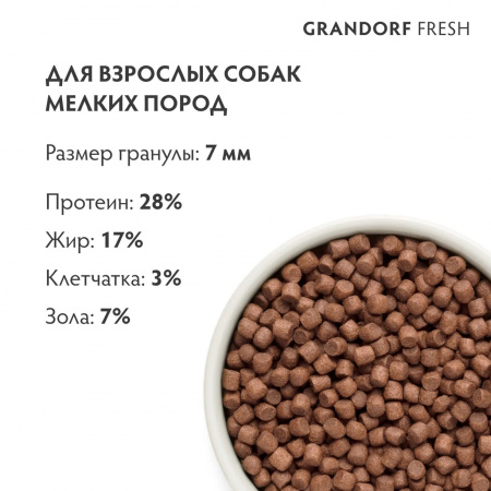Сухой корм GRANDORF Fresh DOG, беззерновой, для взрослых собак мелких пород, с чувствительным пищеварением или склонных к аллергии, свежее мясо ягненка с бататом, 1 кг