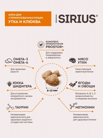 Сухой корм SIRIUS Sterile, для стерилизованных кошек и кастрированных котов, с уткой и клюквой, 12 кг