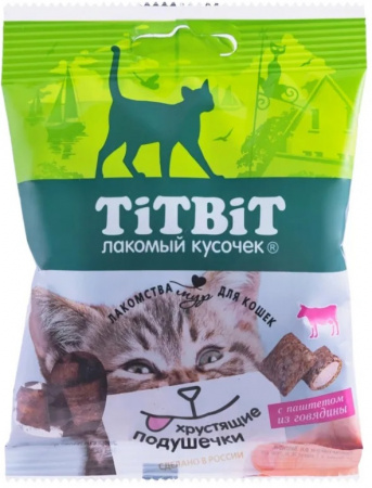 Лакомство TiTBiT для кошек, Хрустящие подушечки с паштетом из говядины, 30г