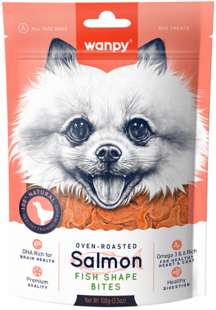 Лакомство Wanpy Dog для собак всех пород, лакомые кусочки из нежного лосося в форме рыбок, 100г