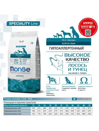 Сухой корм Monge Dog Speciality Line Hypo для взрослых собак, гипоаллергенный, из лосося с тунцом, 2,5 кг