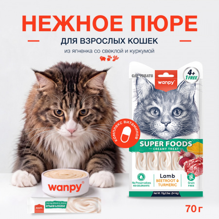 Лакомство Wanpy Cat для взрослых кошек, нежное пюре из ягненка со свеклой и куркумой, 70г
