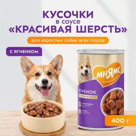 Влажный корм Мнямс для взрослых собак всех пород, кусочки в соусе с ягненком «Красивая шерсть», 400г