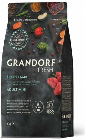 Сухой корм GRANDORF Fresh DOG, беззерновой, для взрослых собак мелких пород, с чувствительным пищеварением или склонных к аллергии, свежее мясо ягненка с бататом, 1 кг