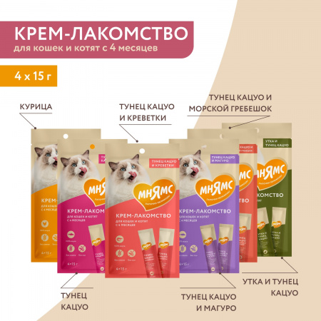 Лакомство-крем Мнямс для кошек, с уткой и тунцом Кацуо, 4х15г