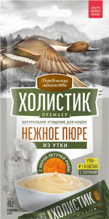 Лакомство «Деревенские лакомства» холистик премьер для кошек, нежное пюре из утки с икрой летучей рыбы, 40г