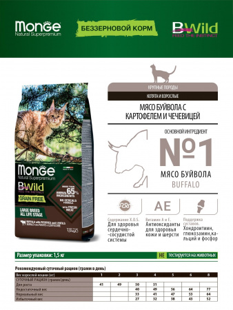 Сухой корм Monge Cat BWild GRAIN FREE для котят и крупных кошек, беззерновой, из мяса буйвола, 1,5 кг