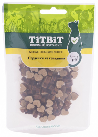 Лакомство TiTBiT для кошек, мягкие снеки Сердечки из говядины, 40г