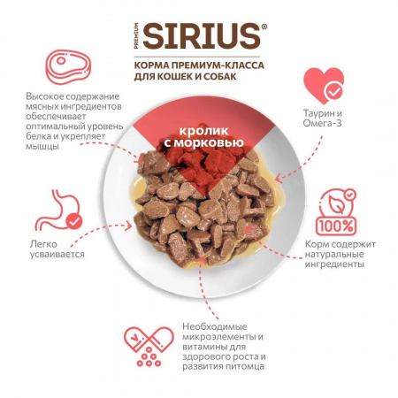Влажный корм SIRIUS для взрослых кошек, кусочки в соусе, с кроликом и морковью, 85г