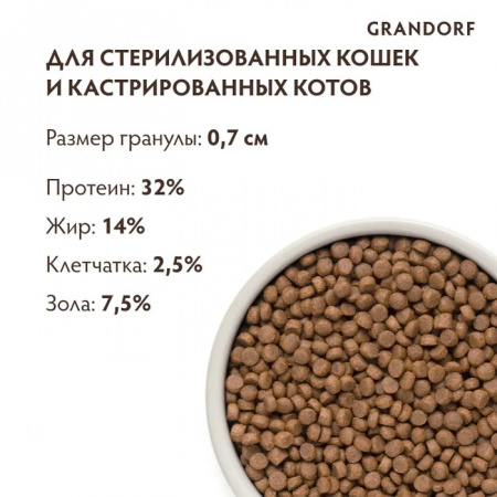 Сухой корм GRANDORF CAT для взрослых стерилизованных кошек, с чувствительным пищеварением или склонных к аллергии, 4 вида мяса, с пробиотиками, 8 кг