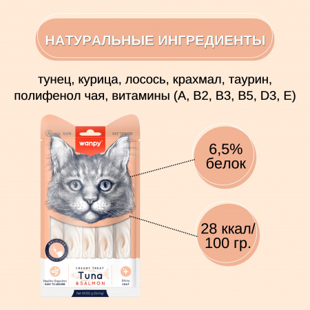 Лакомство Wanpy Cat для взрослых кошек, Нежное пюре из тунца и лосося, 25х14г