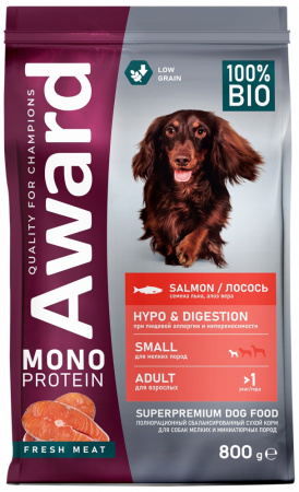 Сухой корм AWARD Monoprotein для взрослых собак мелких и миниатюрных пород, из лосося с добавлением семян льна и алоэ вера, 800г