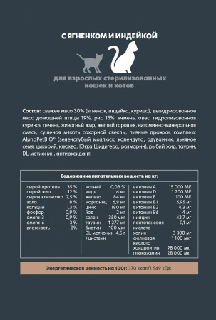 Сухой корм AlphaPet Superpremium Sterilised для взрослых стерилизованных кошек и котов, с ягненком и индейкой, 1,5 кг
