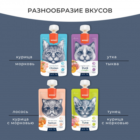 Лакомство Wanpy Cat для кошек, Мясной мусс из курицы и моркови, 90г