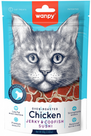Лакомство Wanpy Cat для кошек, Суши из курицы с треской, 80г