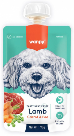 Лакомство Wanpy Dog для собак, Мясной мусс из ягненка и моркови с горохом, 90г