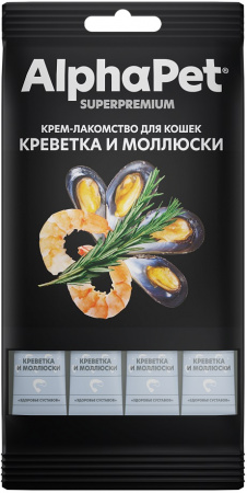 Лакомство-крем AlphaPet Superpremium для взрослых кошек, с креветкой и моллюсками, 48г