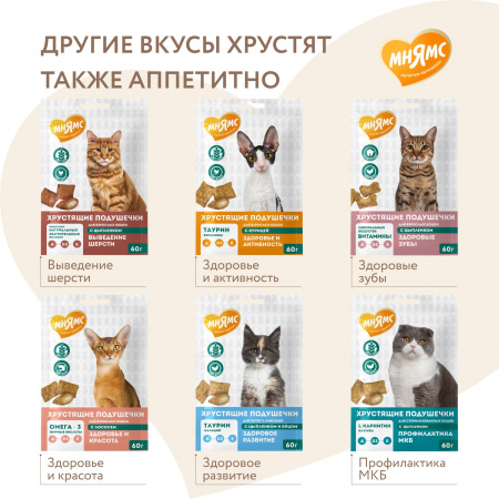 Лакомство Мнямс для взрослых кошек, хрустящие подушечки "Здоровая кожа и шерсть", с птицей, 60г
