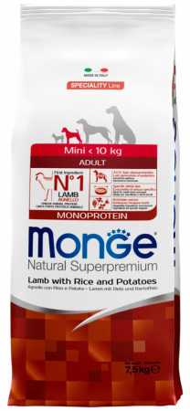 Сухой корм Monge Dog Speciality Line Monoprotein Mini для взрослых собак мелких пород, из ягненка с рисом и картофелем, 7,5 кг
