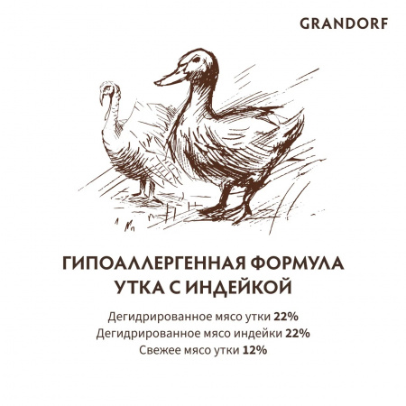 Сухой корм GRANDORF DOG для взрослых собак средних и крупных пород, с чувствительным пищеварением или склонных к аллергии, утка с индейкой, 10 кг
