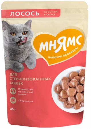 Влажный корм Мнямс Кусочки в соусе с лососем для стерилизованных кошек 85г