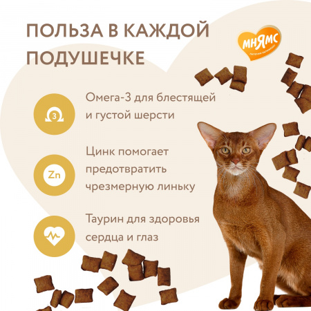 Лакомство Мнямс для взрослых кошек, хрустящие подушечки "Здоровая кожа и шерсть", с птицей, 60г