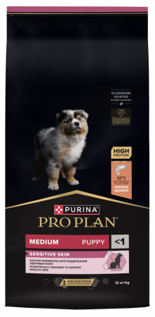 Сухой корм Purina PRO PLAN Sensitive Skin для щенков средних пород, с чувствительной кожей, с лососем, 12 кг
