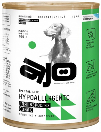 Влажный корм AJO Dog Hypoallergenic для взрослых собак, склонных к аллергиям, со свининой, 400г