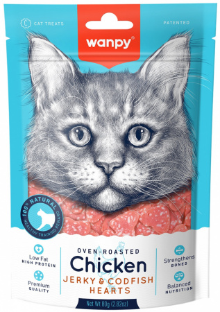 Лакомство Wanpy Cat для взрослых кошек, Сердечки из курицы с треской, 80г