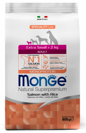 Сухой корм Monge Dog Speciality Line Monoprotein Extra Small для взрослых собак миниатюрных пород, с лососем и рисом, 800 г