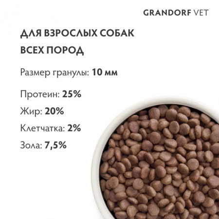 Сухой корм GRANDORF DOG Veterinary Diet Gastrointestinal для взрослых собак, при острых расстройствах пищеварения, с индейкой, 3 кг